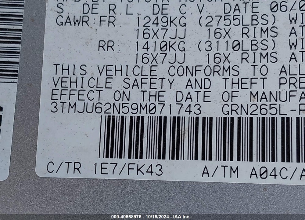 2009 TOYOTA TACOMA PRERUNNER VIN: 3TMJU62N59M071743