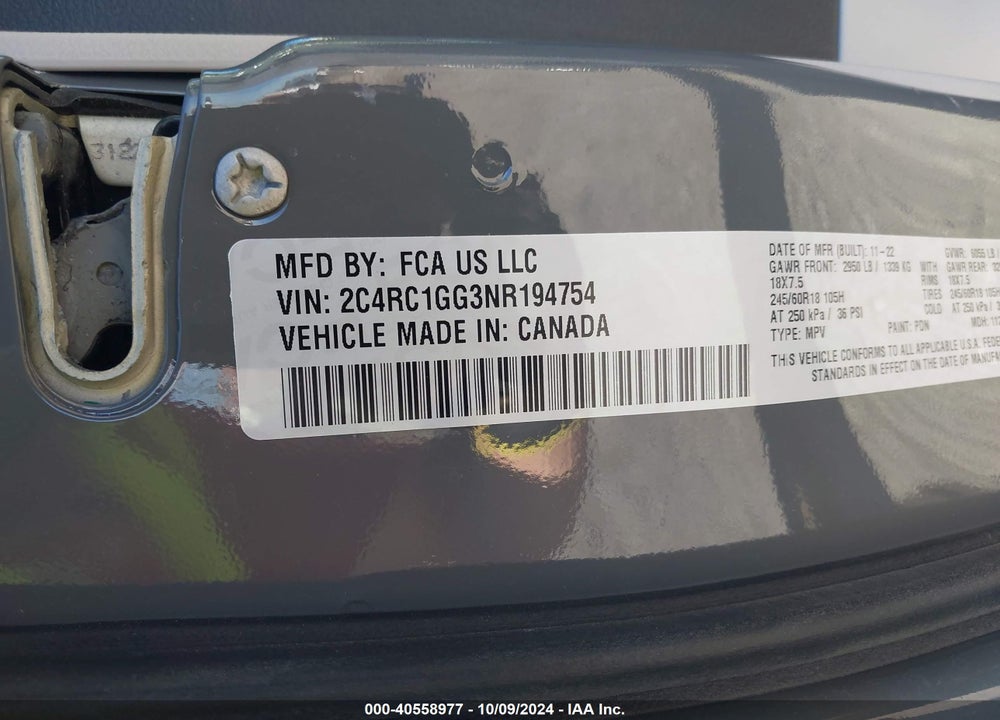 2022 CHRYSLER PACIFICA LIMITED VIN: 2C4RC1GG3NR194754