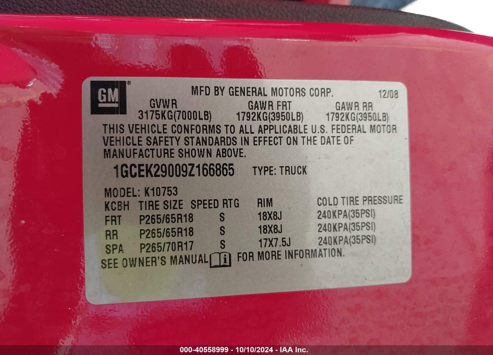 2009 CHEVROLET SILVERADO 1500 LT VIN: 1GCEK29009Z166865