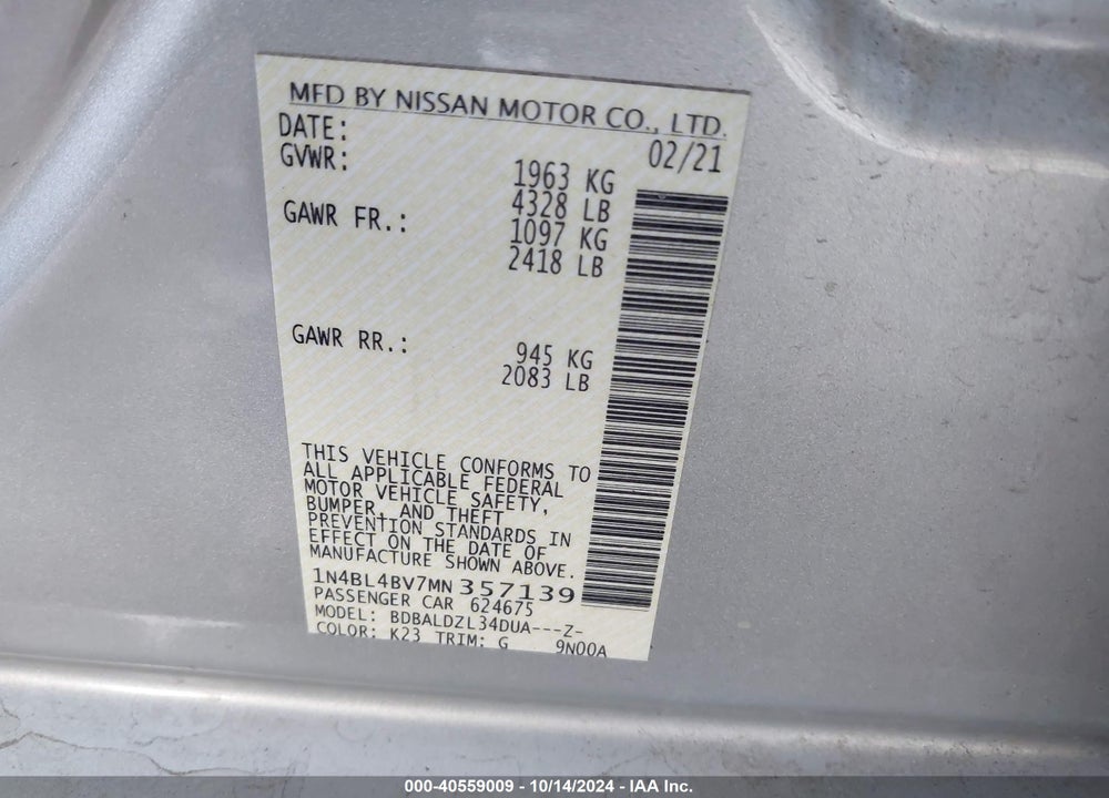 2021 NISSAN ALTIMA S FWD VIN: 1N4BL4BV7MN357139