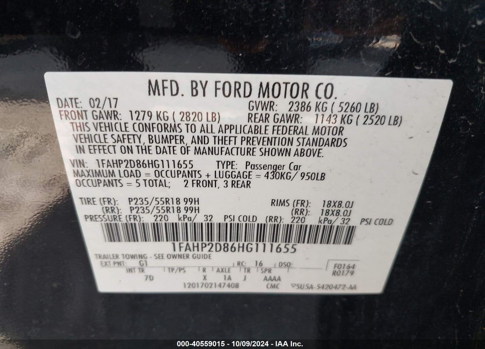 2017 FORD TAURUS SE VIN: 1FAHP2D86HG111655
