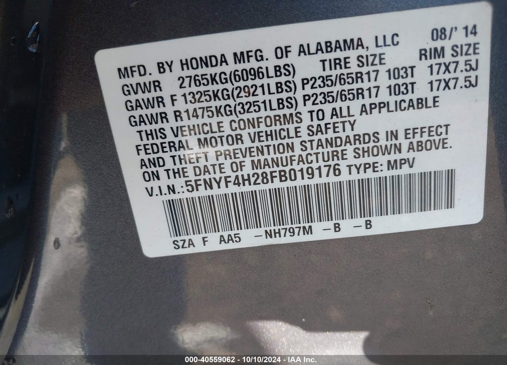2015 HONDA PILOT LX VIN: 5FNYF4H28FB019176