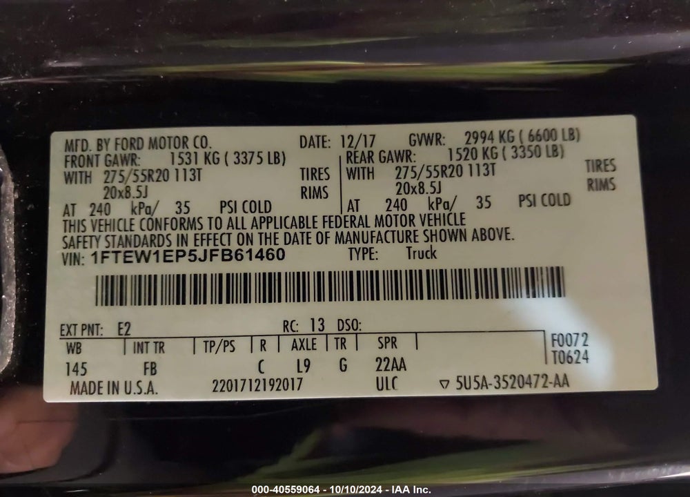 2018 FORD F-150 XLT VIN: 1FTEW1EP5JFB61460