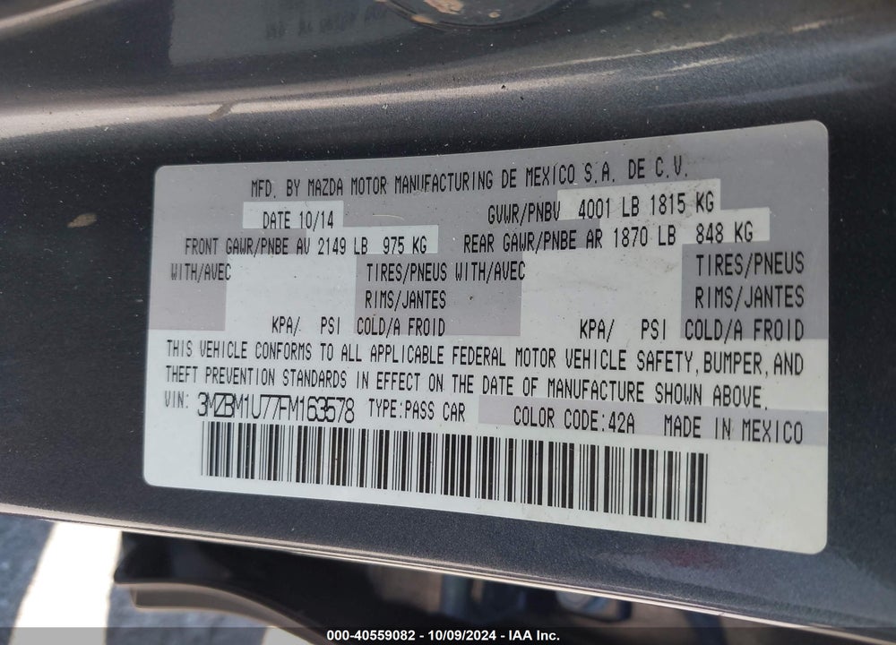 2015 MAZDA 3 I SPORT VIN: 3MZBM1U77FM163578