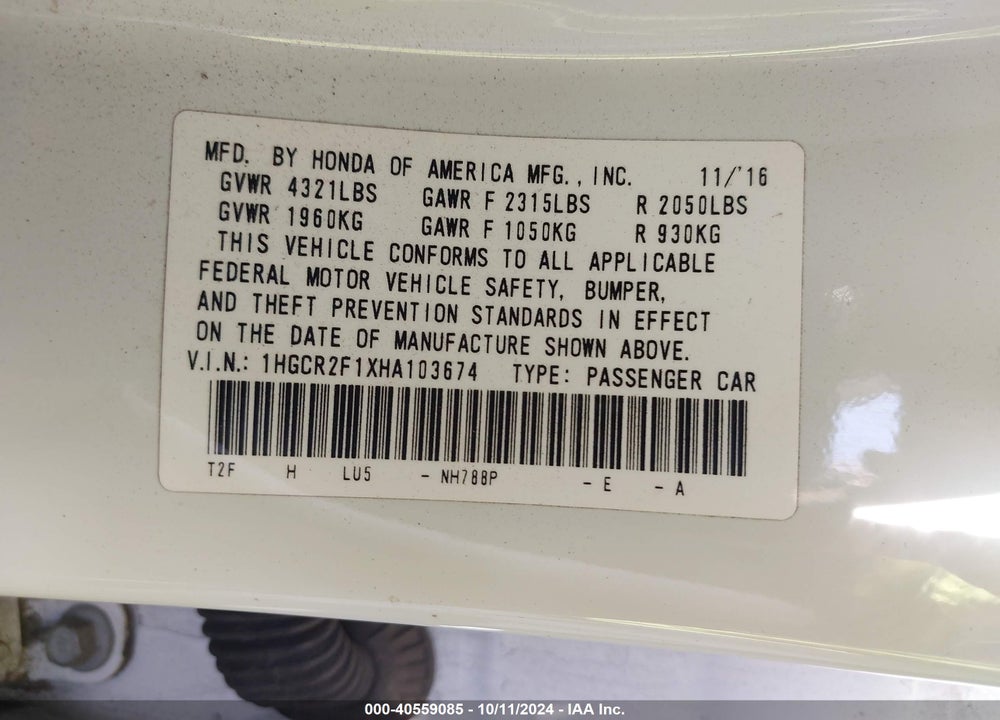 2017 HONDA ACCORD SPORT SE VIN: 1HGCR2F1XHA103674