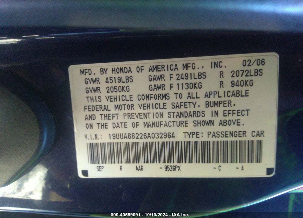 2006 ACURA TL VIN: 19UUA66226A032964
