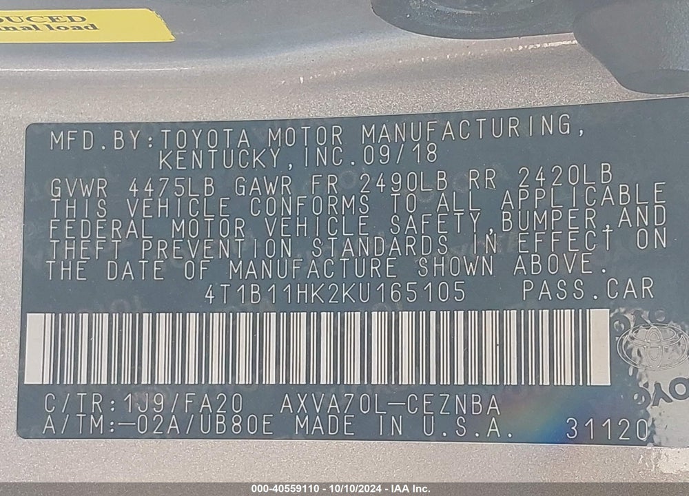 2019 TOYOTA CAMRY LE VIN: 4T1B11HK2KU165105