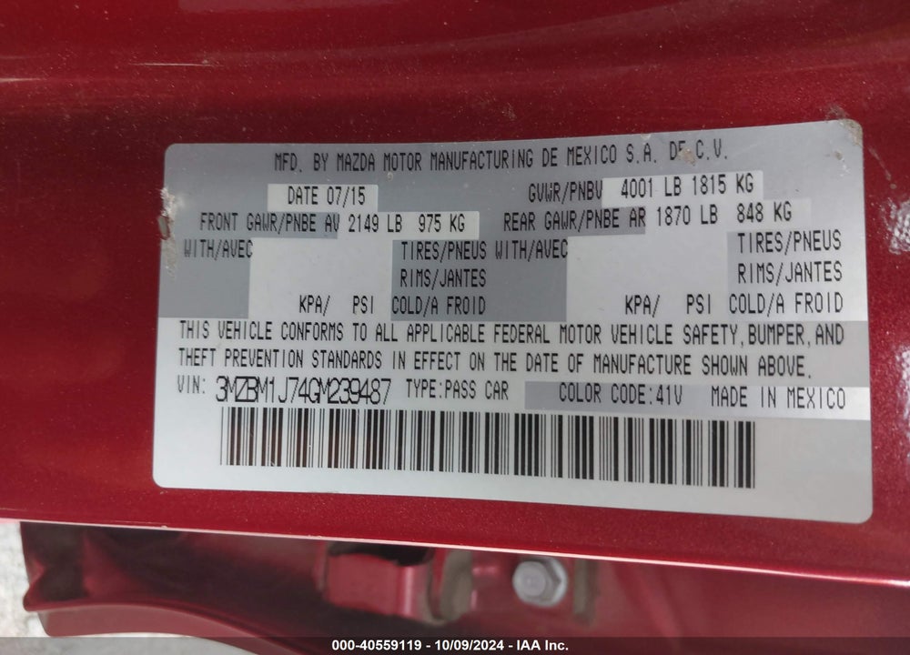 2016 MAZDA 3 I SPORT VIN: 3MZBM1J74GM239487