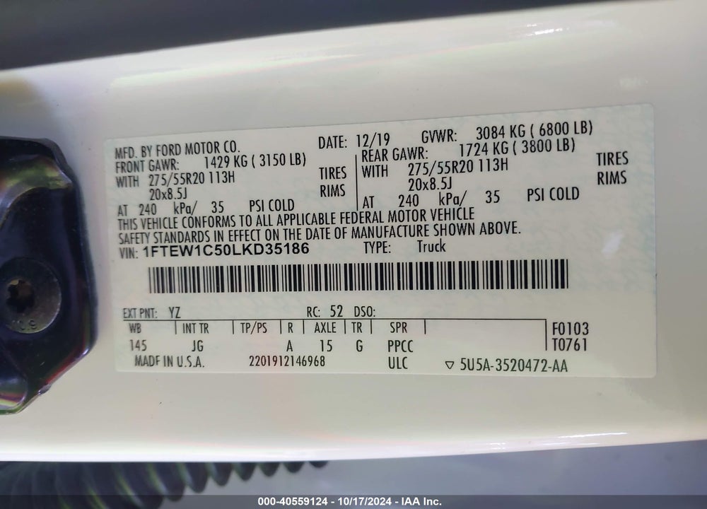 2020 FORD F-150 XL VIN: 1FTEW1C50LKD35186