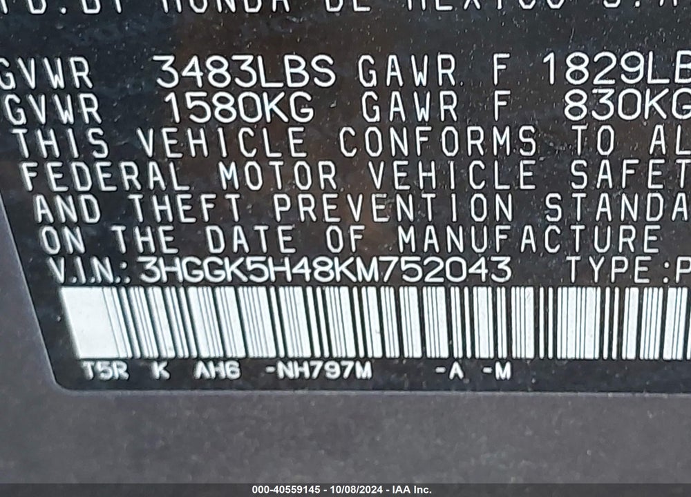 2019 HONDA FIT LX VIN: 3HGGK5H48KM752043
