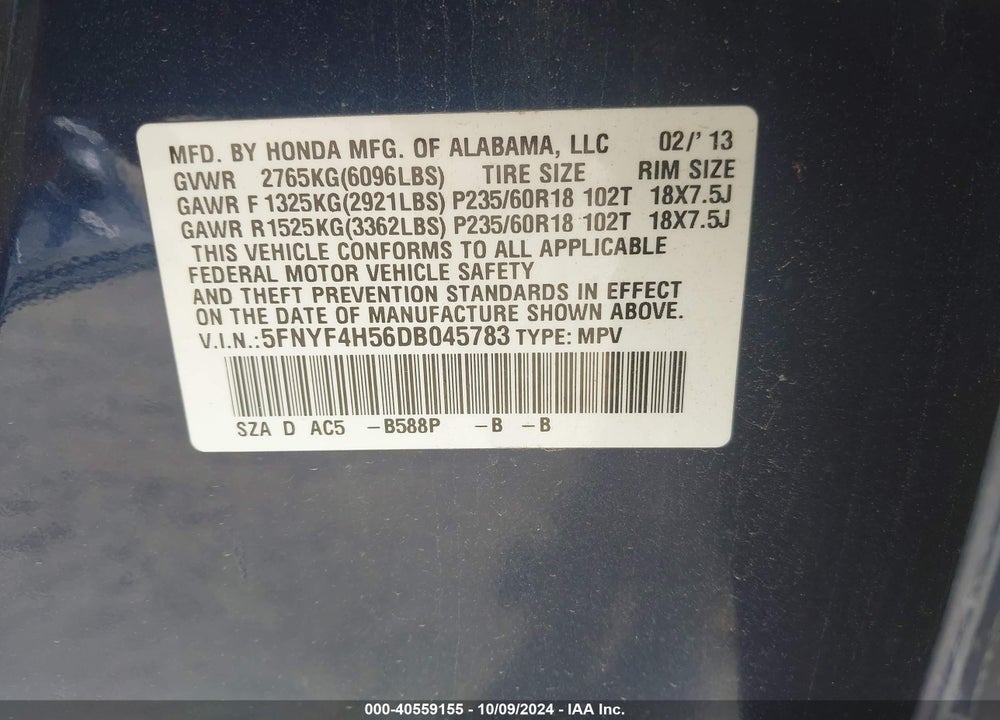 2013 HONDA PILOT EX-L VIN: 5FNYF4H56DB045783
