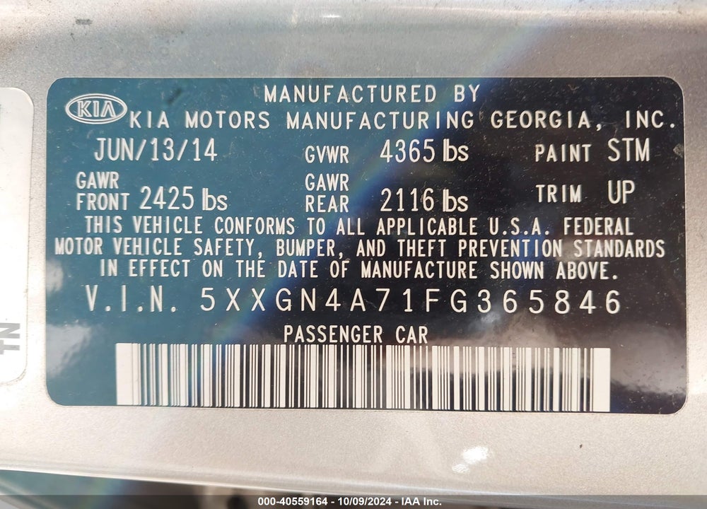 2015 KIA OPTIMA EX VIN: 5XXGN4A71FG365846