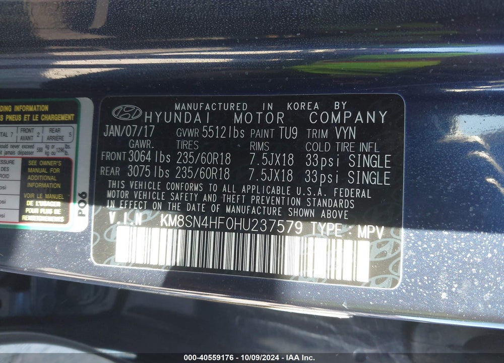 2017 HYUNDAI SANTA FE SE VIN: KM8SN4HF0HU237579