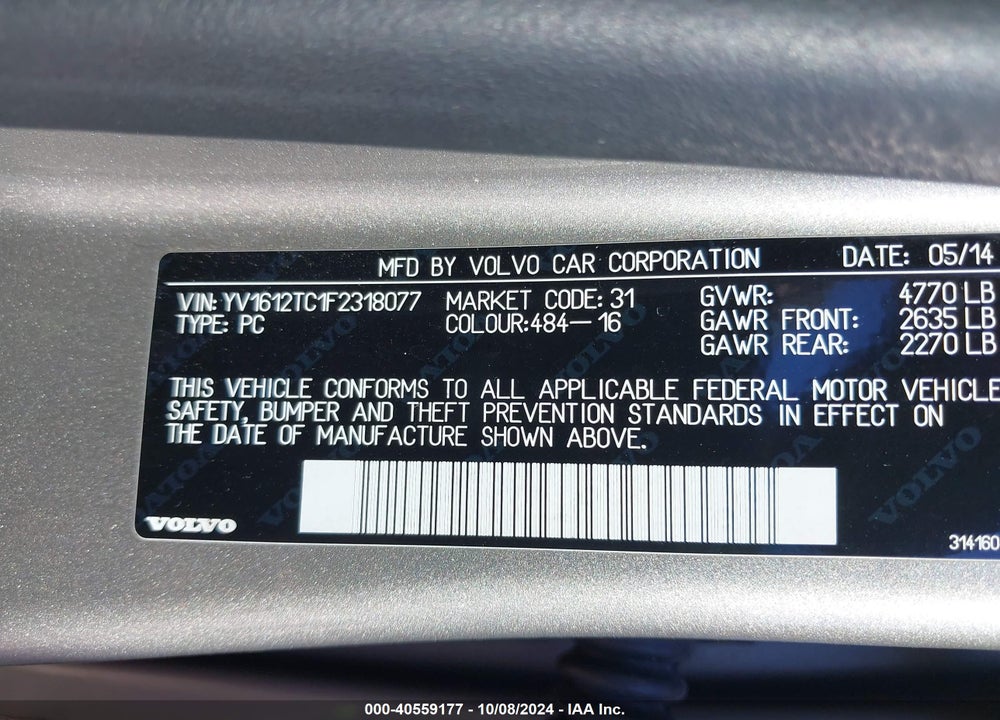 2015 VOLVO S60 T5 PREMIER PLUS VIN: YV1612TC1F2318077