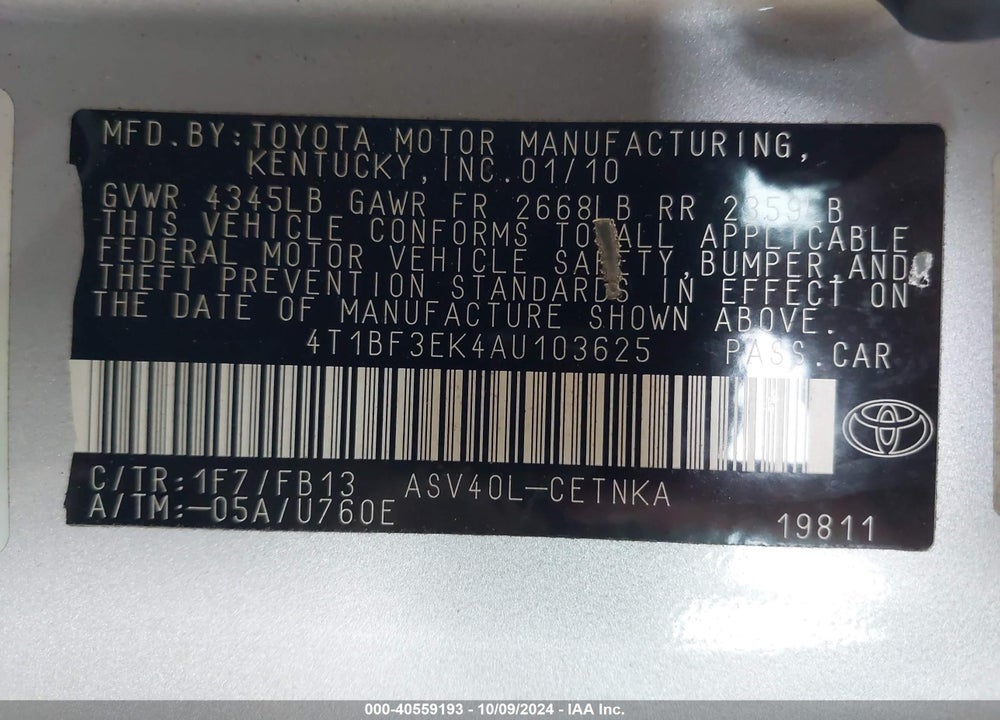 2010 TOYOTA CAMRY LE VIN: 4T1BF3EK4AU103625