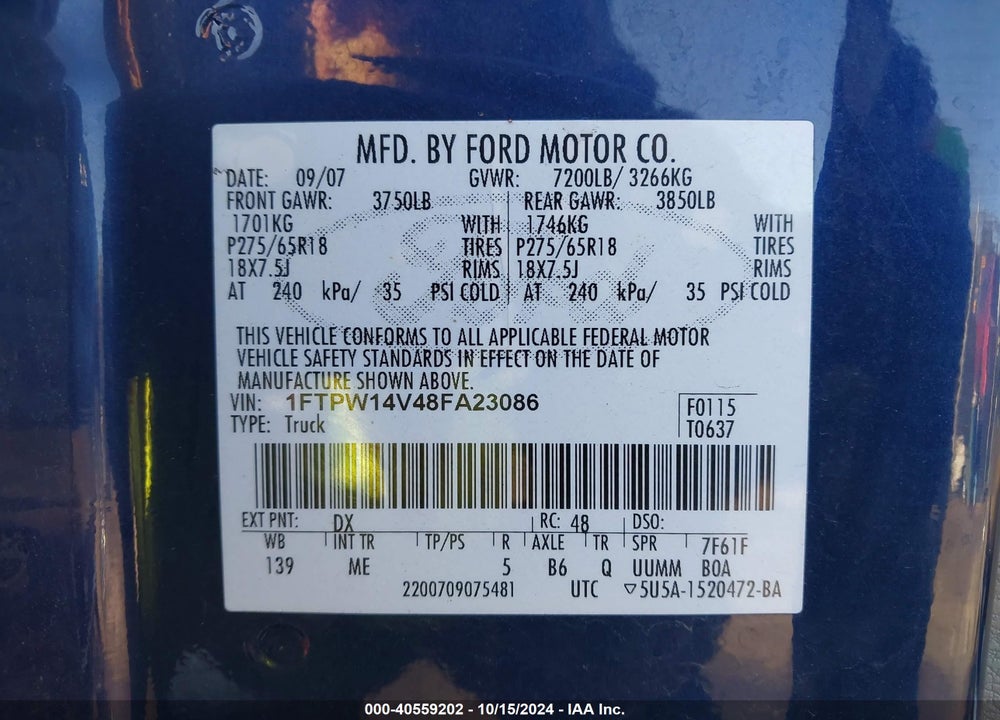 2008 FORD F-150 60TH ANNIVERSARY/FX4/KING RANCH/LARIAT/XLT VIN: 1FTPW14V48FA23086