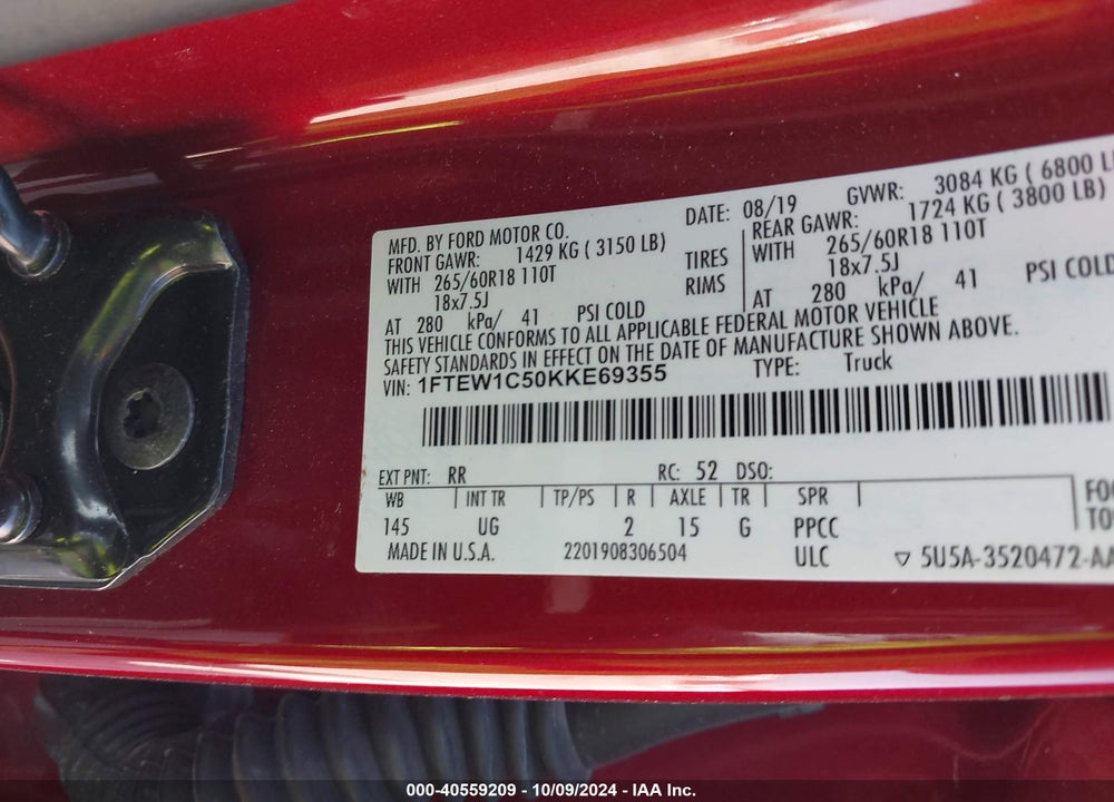 2019 FORD F-150 XLT VIN: 1FTEW1C50KKE69355