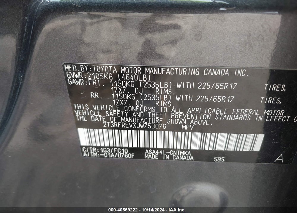 2018 TOYOTA RAV4 VIN: 2T3RFREVXJW753076