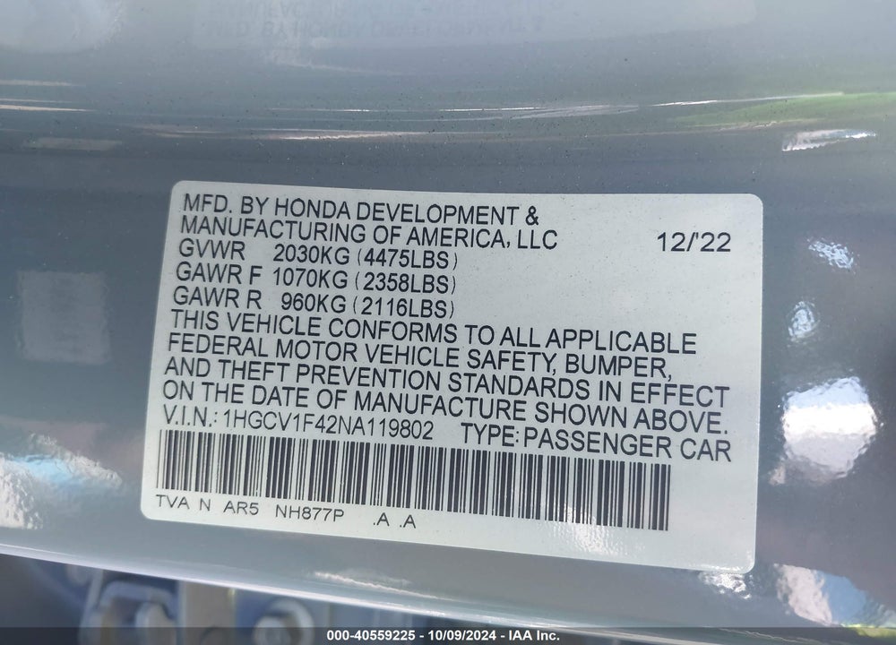 2022 HONDA ACCORD SPORT SPECIAL EDITION VIN: 1HGCV1F42NA119802
