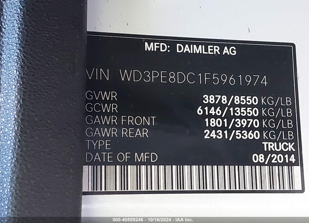 2015 MERCEDES-BENZ SPRINTER 2500 HIGH ROOF VIN: WD3PE8DC1F5961974