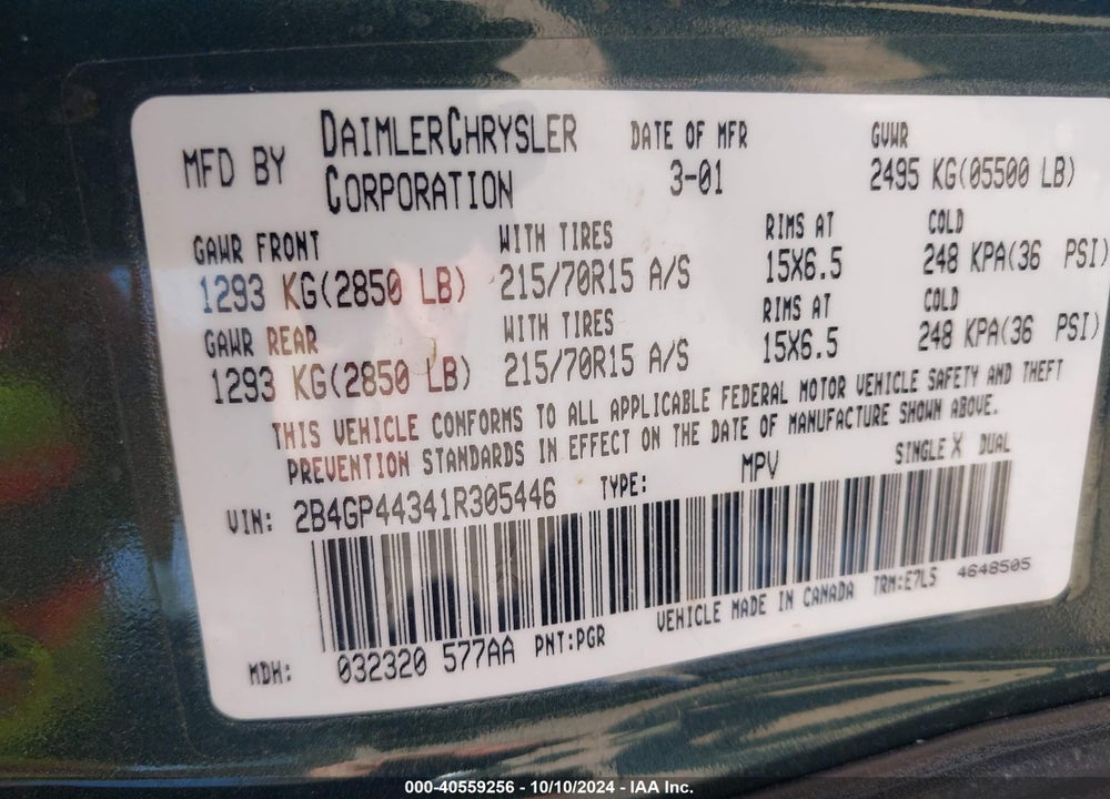 2001 DODGE GRAND CARAVAN SPORT VIN: 2B4GP44341R305446