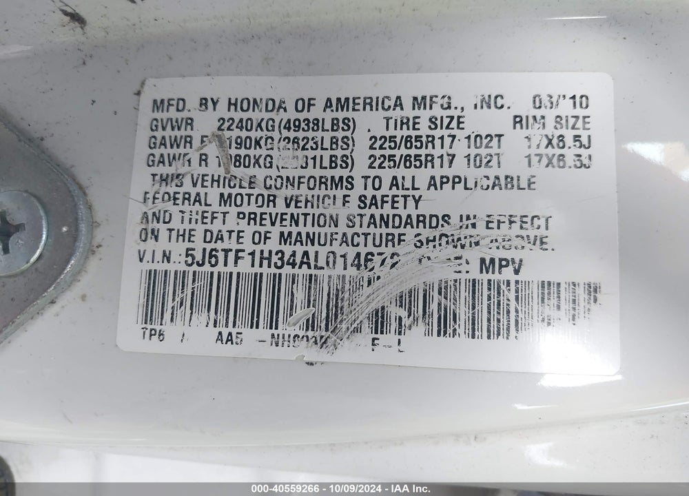 2010 HONDA ACCORD CROSSTOUR EX VIN: 5J6TF1H34AL014672