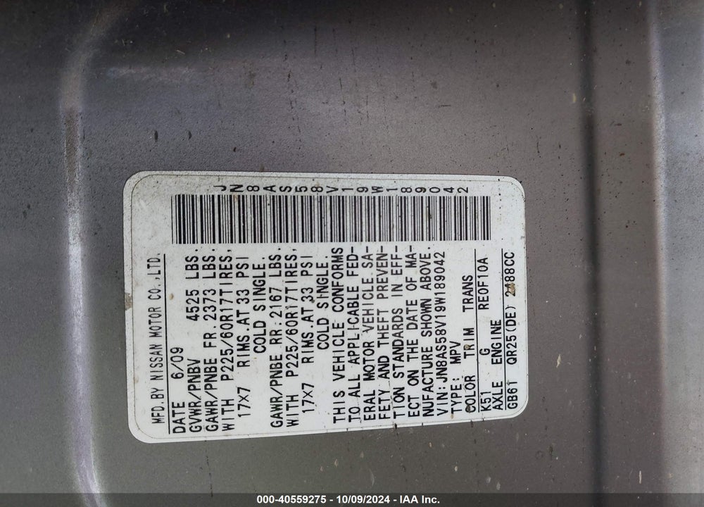 2009 NISSAN ROGUE SL VIN: JN8AS58V19W189042