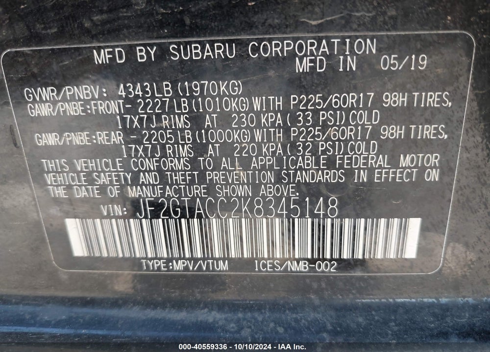 2019 SUBARU CROSSTREK 2.0I PREMIUM VIN: JF2GTACC2K8345148