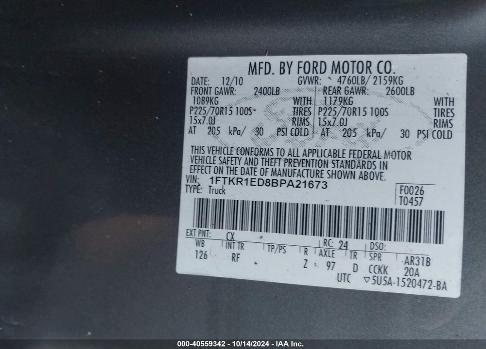 2011 FORD RANGER XLT VIN: 1FTKR1ED8BPA21673