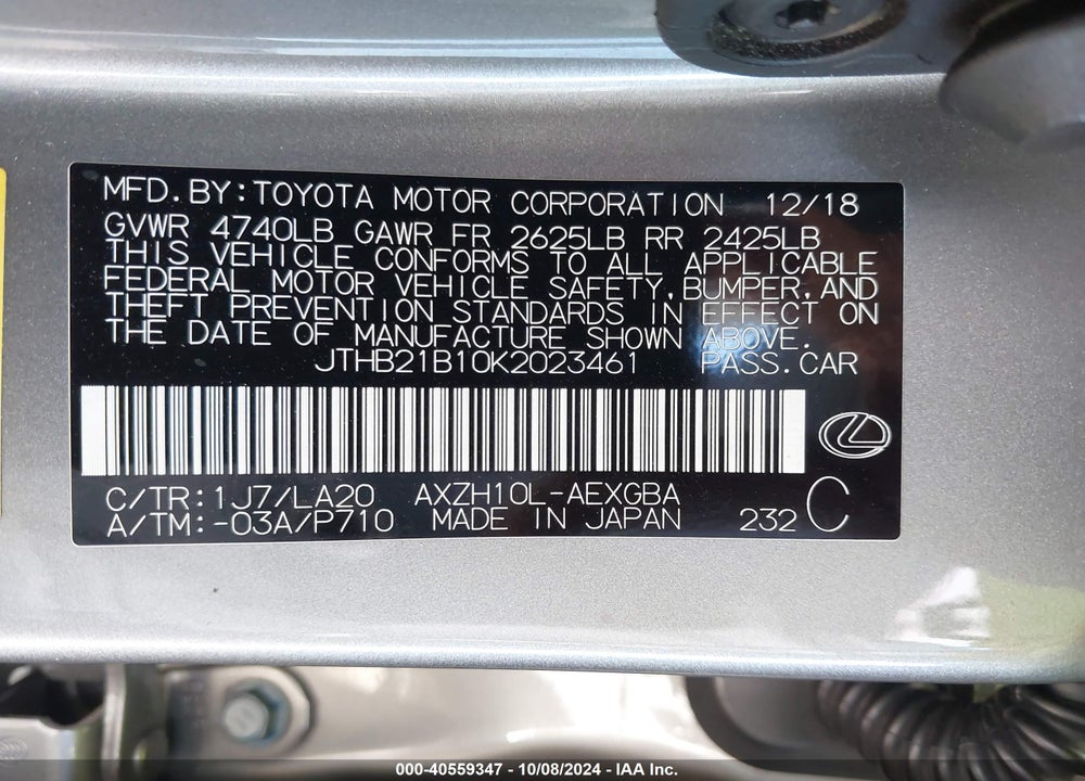 2019 LEXUS ES 300H VIN: JTHB21B10K2023461