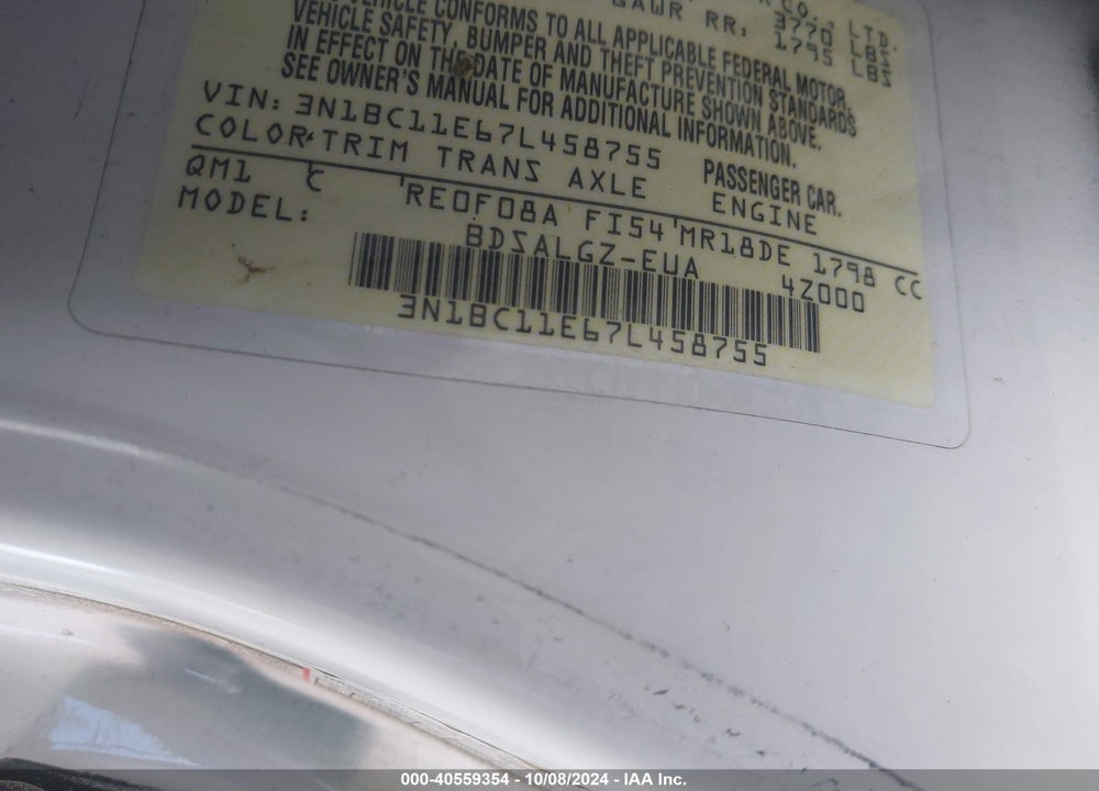 2007 NISSAN VERSA 1.8SL VIN: 3N1BC11E67L458755