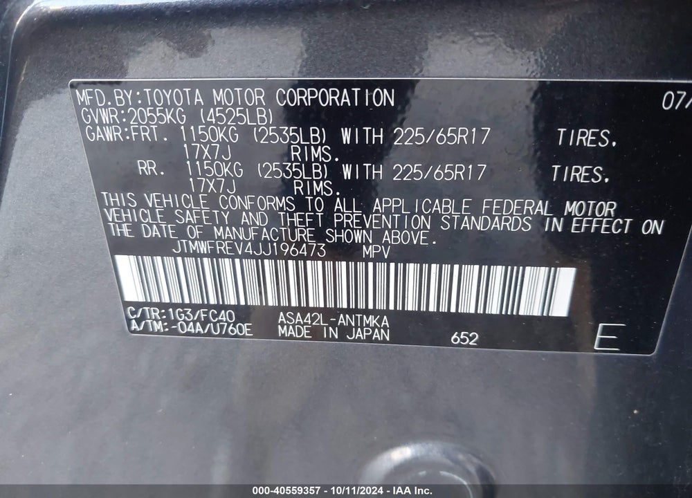 2018 TOYOTA RAV4 XLE VIN: JTMWFREV4JJ196473
