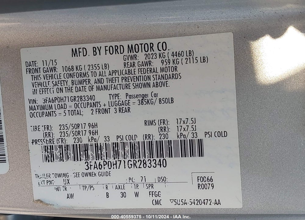 2016 FORD FUSION SE VIN: 3FA6P0H71GR283340