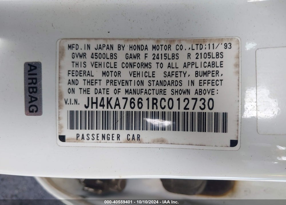 1994 ACURA LEGEND L VIN: JH4KA7661RC012730