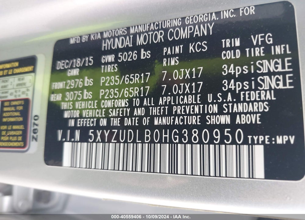 2017 HYUNDAI SANTA FE SPORT 2.4L VIN: 5XYZUDLB0HG380950
