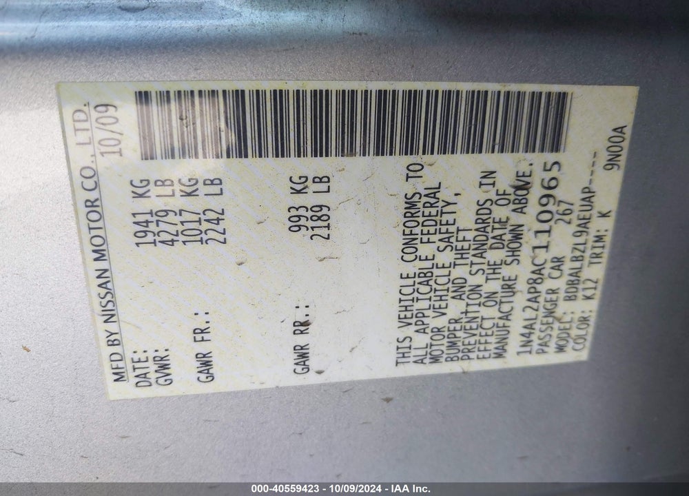 2010 NISSAN ALTIMA 2.5 S VIN: 1N4AL2AP8AC110965