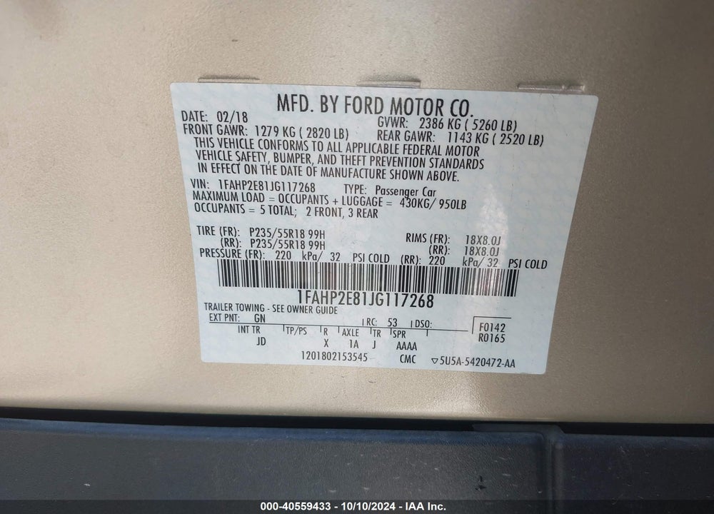2018 FORD TAURUS VIN: 1FAHP2E81JG117268