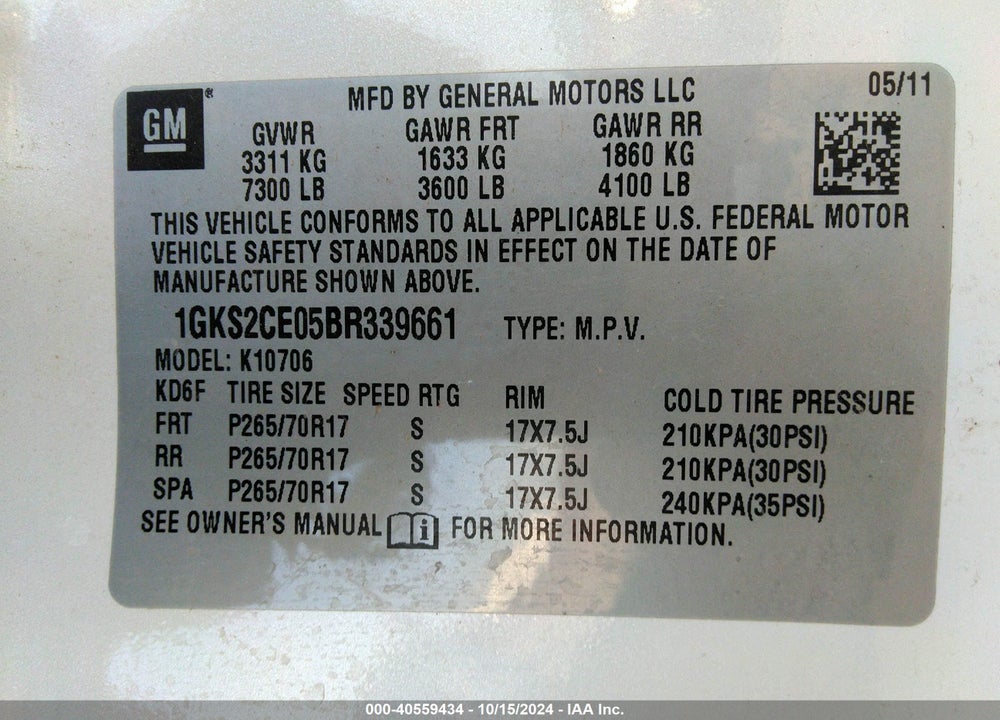 2011 GMC YUKON SLT VIN: 1GKS2CE05BR339661