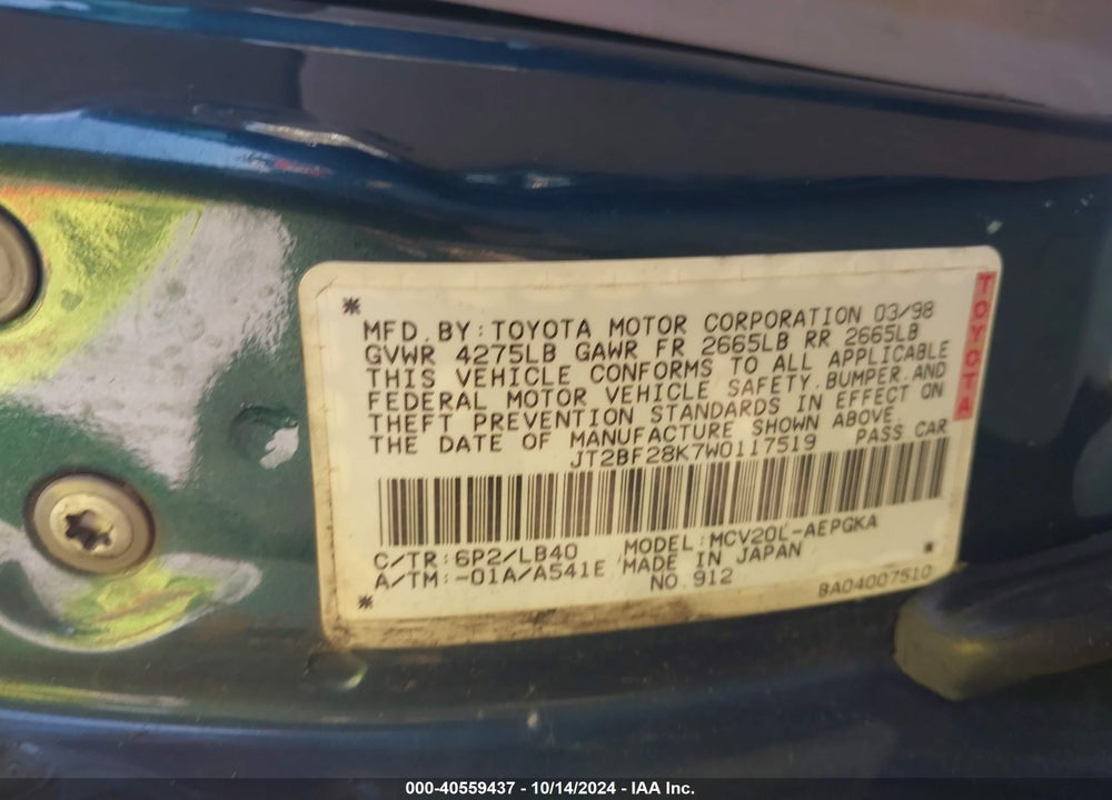 1998 TOYOTA CAMRY XLE V6 VIN: JT2BF28K7W0117519