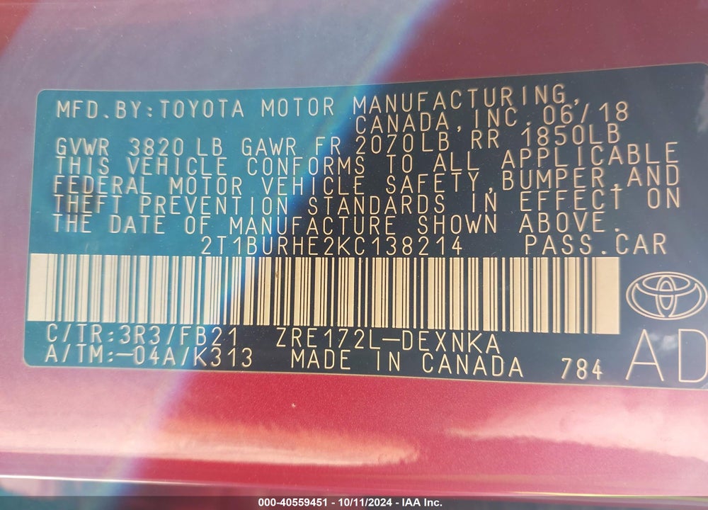 2019 TOYOTA COROLLA LE VIN: 2T1BURHE2KC138214