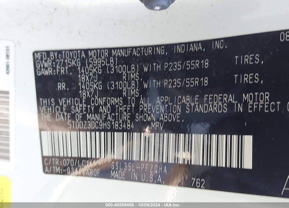 2017 TOYOTA SIENNA XLE PREMIUM 7 PASSENGER VIN: 5TDDZ3DC9HS183484