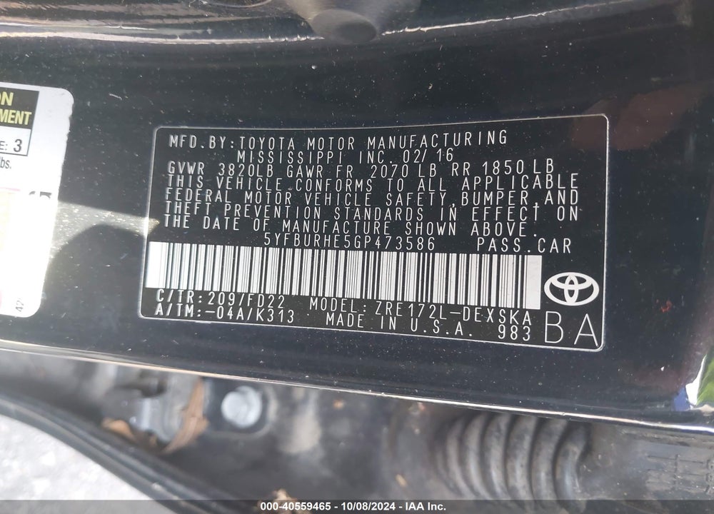 2016 TOYOTA COROLLA S VIN: 5YFBURHE5GP473586