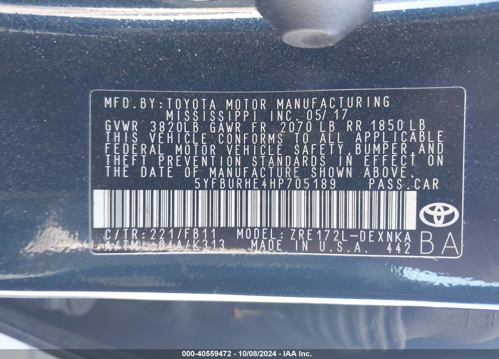 2017 TOYOTA COROLLA LE VIN: 5YFBURHE4HP705189