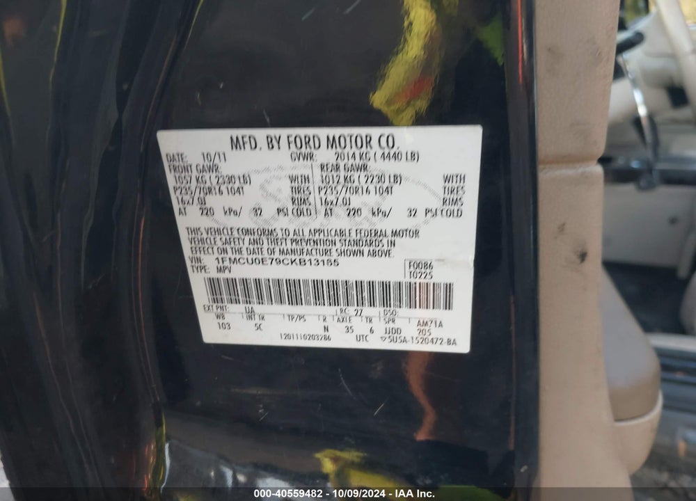 2012 FORD ESCAPE LIMITED VIN: 1FMCU0E79CKB13165