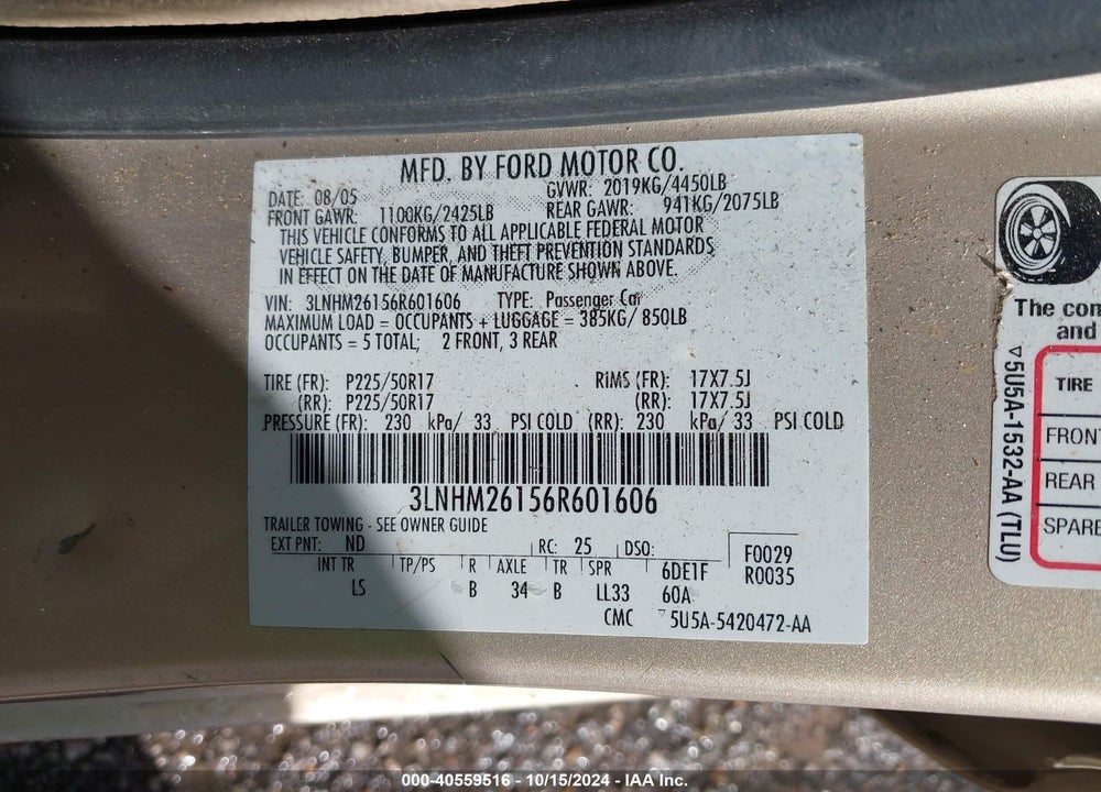 2006 LINCOLN ZEPHYR VIN: 3LNHM26156R601606