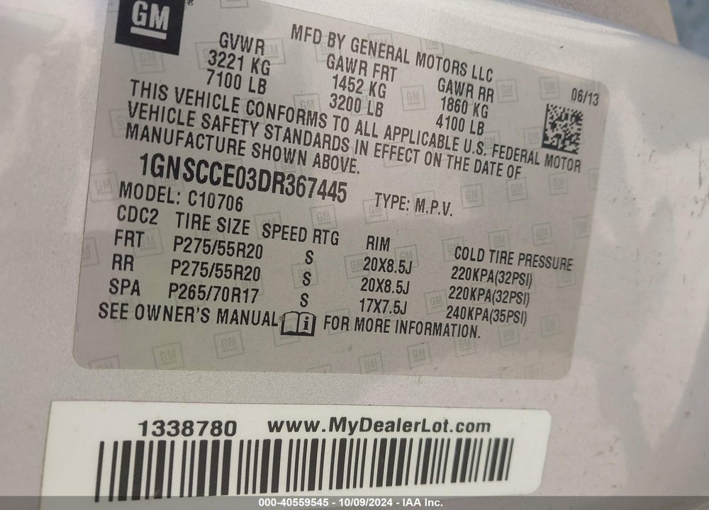 2013 CHEVROLET TAHOE LTZ VIN: 1GNSCCE03DR367445