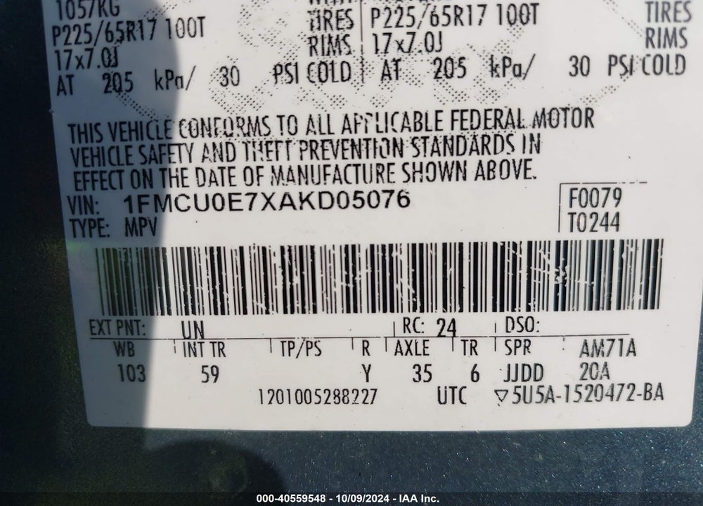 2010 FORD ESCAPE LIMITED VIN: 1FMCU0E7XAKD05076