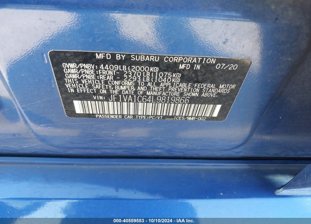 2020 SUBARU WRX PREMIUM VIN: JF1VA1C64L9819866