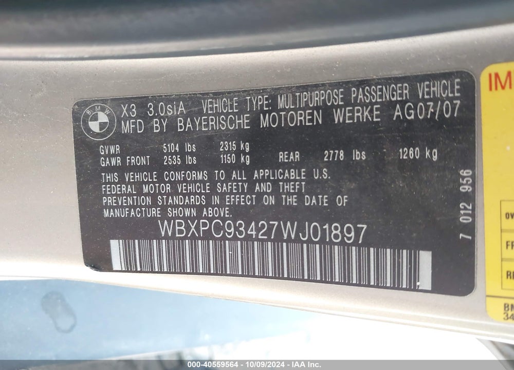 2007 BMW X3 3.0SI VIN: WBXPC93427WJ01897