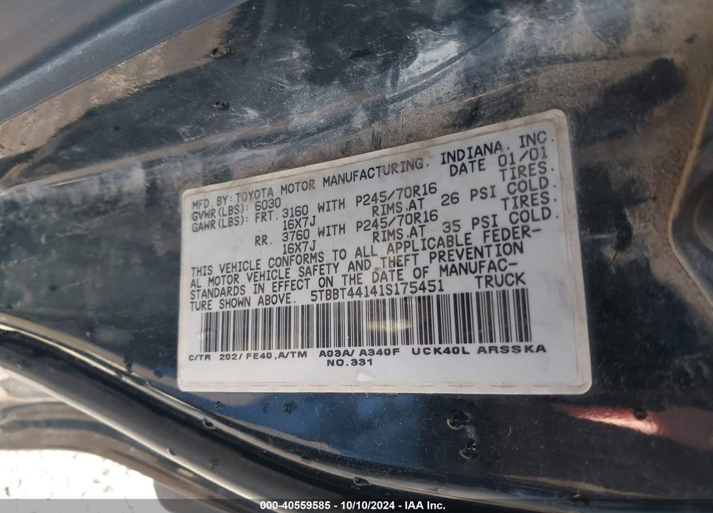2001 TOYOTA TUNDRA SR5 V8 VIN: 5TBBT44141S175451
